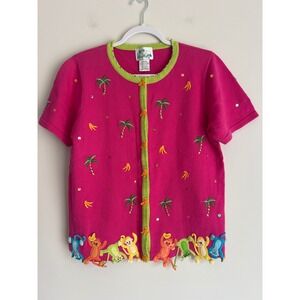 Quacker Factory Fun Pink Tropical Monkey Palm Tree Short Sleeve Cardigan Medium
